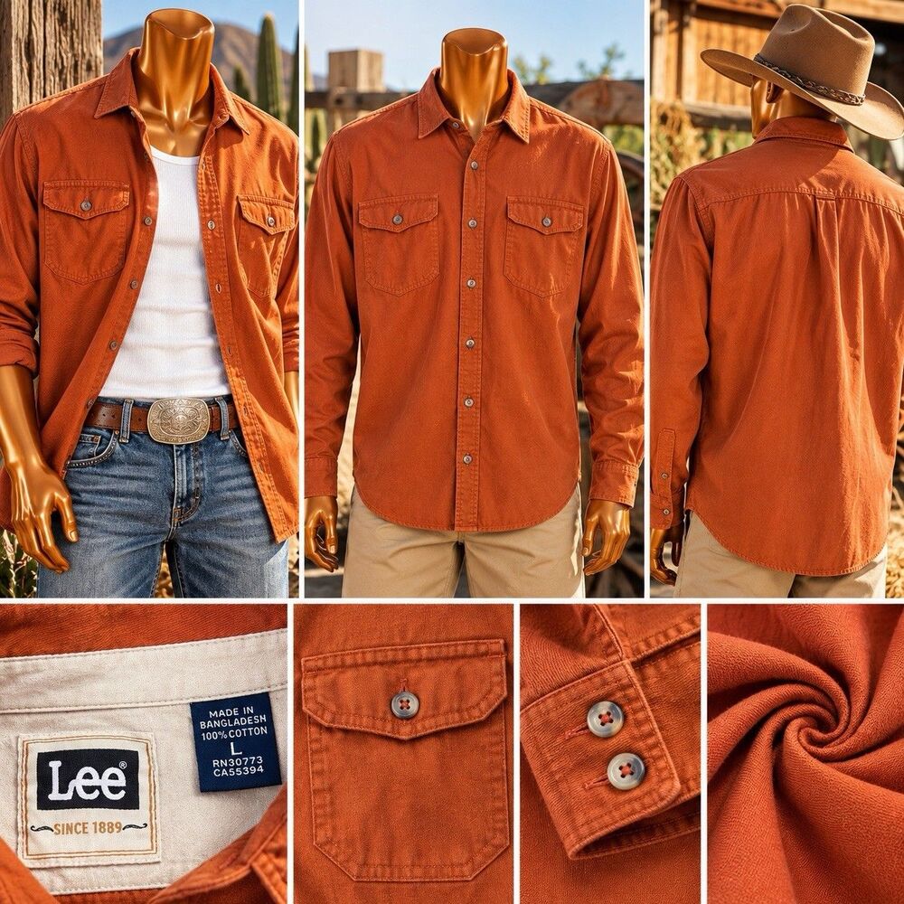 Lee Mens L Shirt Orange Button Up Long Sleeve 100% Cotton Western pockets